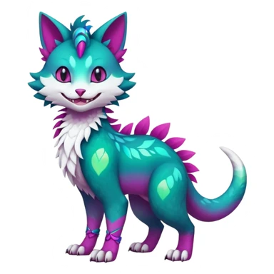 Kawaii cute colorful iridescent deep-dark-turquoise-green and magenta and white beautiful pretty elegant divine edgy feline-vernid-sergal-Fakémon-Pokémon-fursona-animal-creature with accessories, full body, with intricate detailed markings sticker