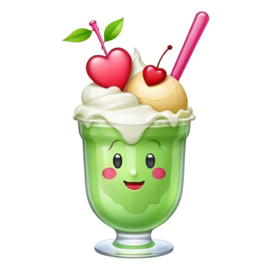 Create an emoji with a clear rounded glass, bright transparent green soda, vanilla ice cream scoop, two red cherries, pink heart-shaped straw, simple shapes, bright colors, glossy, kawaii style, centered, transparent background
 sticker
