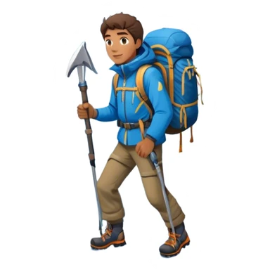 Icon for Mountain Tourism and Climbing: a mountain peak in the background, with a hiker carrying a backpack, an ice axe, and wearing climbing gear. The icon should capture the adventure and challenge of alpine exploration. Transparent background. sticker