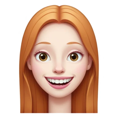 traditional emoji of young girl with very pale skin, long straight muted ginger hair, elongated oval face, bigger human-like eyes positioned close together, wide nose, full pink lips with a big smile showing extremely large and prominent teeth, less intense expression sticker