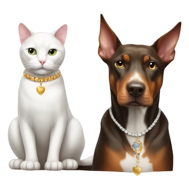 White cat with necklace sitting with Doberman sticker
