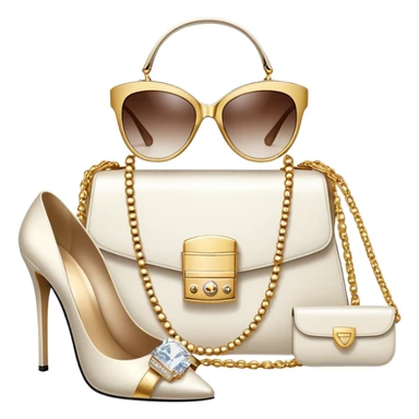 A photorealistic icon featuring luxurious fashion accessories like a high-end handbag, elegant high heels, a sparkling diamond necklace and a stylish pair of sunglasses. The design includes gold accents, purfume, and glamorous textures, fashion, and VIP luxury. Transparent background sticker