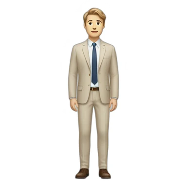 white guy in beige suit with brown hair and white shoes and a white gray pants sticker