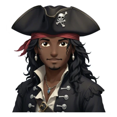 A charismatic pirate with wavy black hair that falls just past his shoulders, tousled slightly by the sea breeze. He wears a black tricorn hat with subtle silver embroidery along the edges, casting a shadow over his sharp, confident features. His piercing dark eyes glint with mischief as he gazes to the side, a knowing smile playing at his lips. His well-fitted black coat, adorned with polished silver buttons and intricate stitching, moves slightly with the wind, revealing glimpses of a deep-crimson waistcoat underneath. A silver chain dangles from his belt, catching the dim golden light of the setting sun. His posture is relaxed yet assured, exuding effortless charm as if he owns the sea itself. sticker