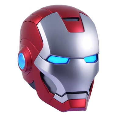 Iron Man helmet close-up, shiny metallic finish, glowing blue eyes, 3D style sticker