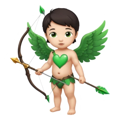 cupid asian baby flying full body with wings with brown eyes and dark hair handled bow and arrow green heart breaker and looking to heart sticker