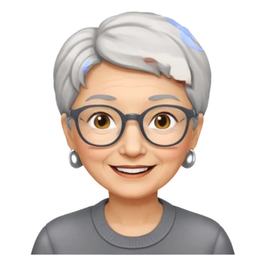 emoji of a lady in her 70s, short gray hair, wearing glasses, friendly smile sticker