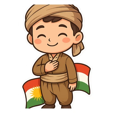 cartoon sticker of a Kurdish boy in traditional clothing, hand on chest (salute) pose, gentle smile, colorful and cheerful, no text, suitable for WhatsApp and Instagram sticker