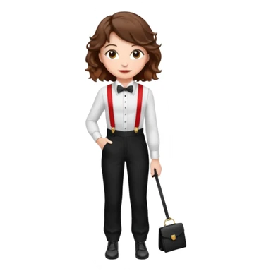 Woman with wavy brown hair and hazel eyes wearing black tuxedo pants with red suspenders sticker