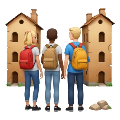 three friends from behind, exploring an abandoned place, Apple emoji style sticker