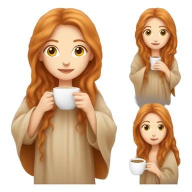 A pretty white girl with very long ginger hair  in a beige blanket sipping coffee sticker