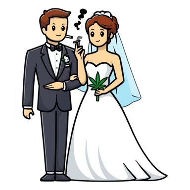 A bride in white wedding dress and groom in tuxedo, full body, smoking cannabis together, wedding couple sticker