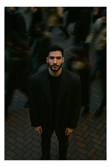 overhead shot of me standing still on a brick city sidewalk, wearing a dark oversized blazer,
motion-blurred crowd rushes past around me. Moody lighting, 35mm film look, shallow depth of field, sharp focus on me. sticker
