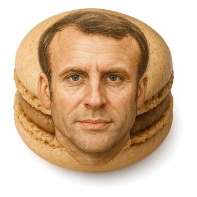 realistic macaron pastry with the shell resembling Emmanuel Macron's face, subtle details sticker