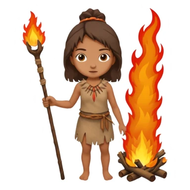 ancient girl, tattered animal skin cloth, hold fire stick sticker