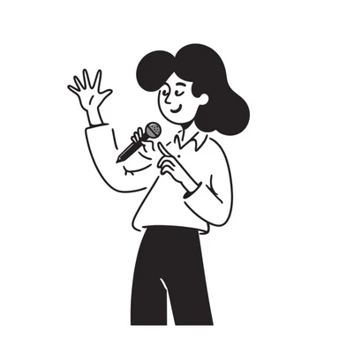 joyful singer with big smile holding a microphone in left hand and pencil in right hand sticker