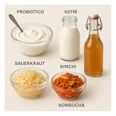 realistic and informative illustration showing only probiotic foods on a light background, examples: yogurt, kefir, sauerkraut, kimchi, kombucha, each food labeled in Italian as 'Probiotico', clean and modern style sticker
