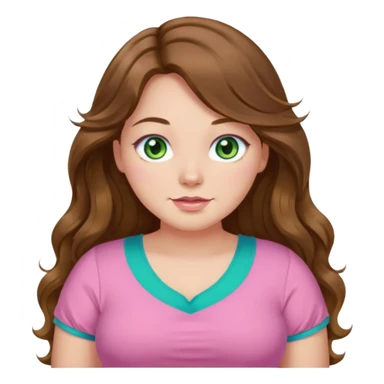 Girl girl long wavy brown hair, green/blue/gold eyes, plus size, pink girly top sticker