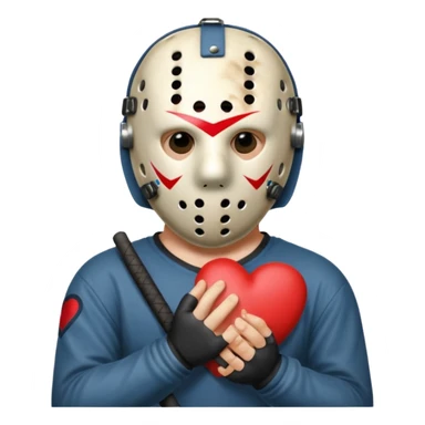 a cartoon image of Jason Voorhees, looking cute, with his hands clasped in front of him, at a sideways angle, looks like he is in love sticker