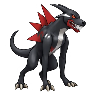 Black Cool Edgy Nargacuga-Houndoom-Garchomp Fakémon Digimon with Red and white Edgy markings, full body, outlined, sharp line Art sticker