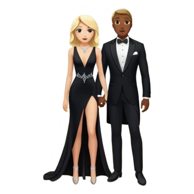 Blonde woman, black, Long, tight, sleveless Dress, Slot left Leg, man, black Hair, in Dinner jacket, Background ballroom sticker
