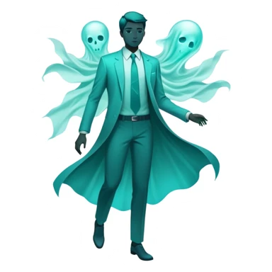 Teal colored ethereal energy forming male silhouette with ghostly floating wardrobe elements like tie, shirt and watch surrounding it, abstract style essence sticker