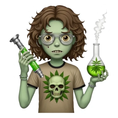 brown wavy haired zombie getting stoned with weed t shirt and bong on his hand and wearing black chrome hearts bifocals sticker