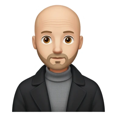 a bald dude with a small beard in a black coat and a gray sweater sticker