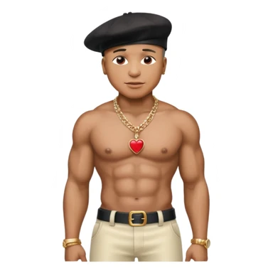LL Cool J with black hat, metallic ivory pants, shirtless with necklace with red heart sticker