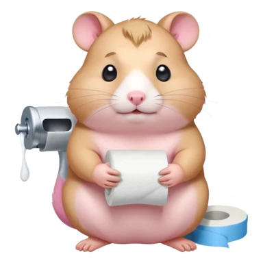 Cute chubby cartoon-style hamster sitting on toilet holding toilet paper looking as if he had an accident, sticker-style illustration sticker