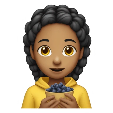 Girl wearing yellow hoodie with black hair braids eating blueberries. She is not black or white she is south Asian so light brown sticker