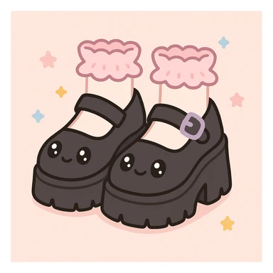 Add cute frilly pastel socks to the BLACKPINK-inspired gothic shoes with pastel lavender accents, keep them kawaii style, no hearts. sticker