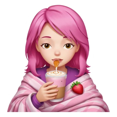 girl with pink hair inside a pink blanket sipping strawberry latte eyes closed emoji to use or share on Discord and Slack. sticker