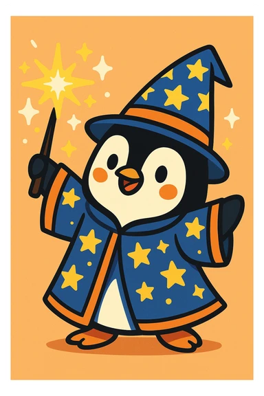 a penguin wizard casting a sparkling spell, wearing a starry robe and hat, in a cute cartoon style sticker