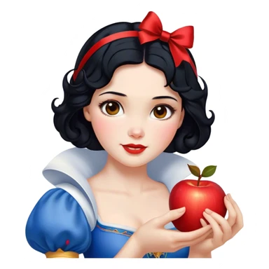Cinematic Realistic Snow White Portrait, depicted with lifelike skin texture, soft natural lighting, and intricately detailed black hair styled with a red ribbon. Her soft brown eyes radiate innocence and kindness, complemented by a warm, gentle smile. She holds an apple in one hand, her other hand resting against her cheek, embodying her purity and charm. She is dressed in her classic yellow, blue, and red gown, the fabric rich in texture with delicate folds that catch the light beautifully. The portrait features a soft, natural glow with a radiant finish, capturing the essence of timeless beauty in a realistic and painterly style. sticker