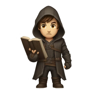 human male rogue with brown hair holding a book wearing a hood angry sticker