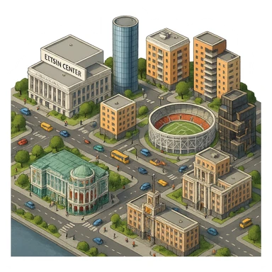 Изометричная миниатюрная фотореалистичная 3D модель Екатеринбурга - Дом Севастьянова, Ельцин-центр, Уральский федеральный университет, дома, Екатеринбург Арена, Штаб-квартира Русской медной компании, Здание Свердловского городского совета народных депутатов, четкие линии, яркие цвета, мультяшный реализм, люди, автотранспорт, компактная композиция, вид сверху в изометрии, прозрачный фон sticker