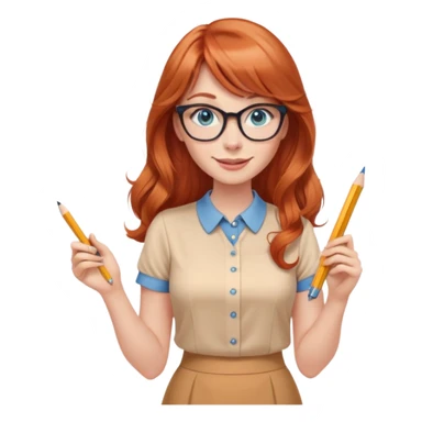 smiling redheaded woman with long wavy hair and bangs, blue eyes, cat-eye glasses, pencil skirt, apricot blouse, holding a pencil sticker