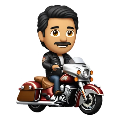 Middle age man wearing leather jacket and leather chaps riding a Indian motorcycle roadmaster with black hair and gote sticker