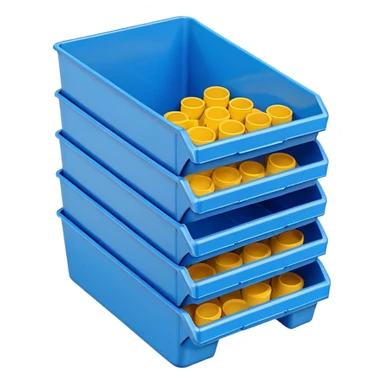 stackable plastic parts bin blue sticker