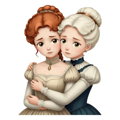 Two Victorian women with light eyes in a sad intimate hug, one with white coiffed hair and one with copper coiffed hair, wearing Victorian high-neck dresses, embracing tightly sticker