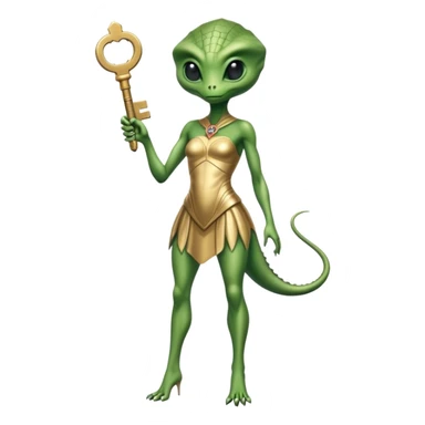 a reptilian alien woman full body, in gold dress, hold big key sticker