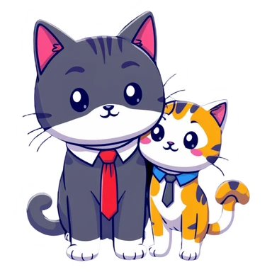 happy girl cat with eyelashes wearing a colorful necktie and happy boy cat wearing a professional necktie standing together and holding paws, both with loving expressions sticker