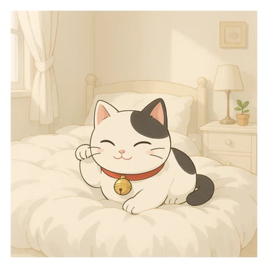 White and black Chinese lucky cat in a cozy on a soft puffy white duvet covered bed in bright white and clean girl aesthetic bedroom, kawaii  sticker