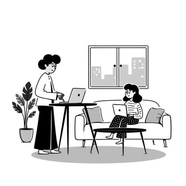 escenary 3d of a cozy mid-century living room with two people working on laptops, one man standing at a desk, and one woman sitting on a couch sticker