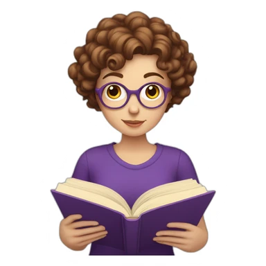 white girl with really short brown curly hair reading a purple book sticker