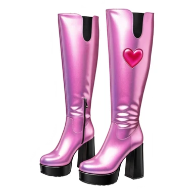 glittery pink platform knee high gogo boots with heart on side sticker