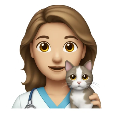 brown haired caucasian girl, wearing blue scrubs and holding a cat  sticker