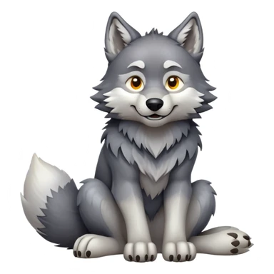cinematic-[wolf]-realistic-full-body-sitting-emoji,-tail-resting-loosely-beside-its-paws,-head-tilted-dramatically, -scruffy-[grey]-fur,-simplified-yet-realistic-focused-features,-highly-detailed,-glowing-with-an-almost-sarcastic-glow sticker