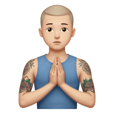 A 20 year old white man with a buzz cut and tattoos all over his arms and chest. Pleading face with hands praying  sticker